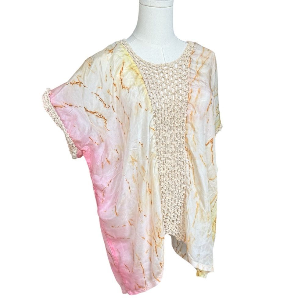 Osei Duro Silk Tie Dye Blouse Kimono M pink and yellow sheer crochet